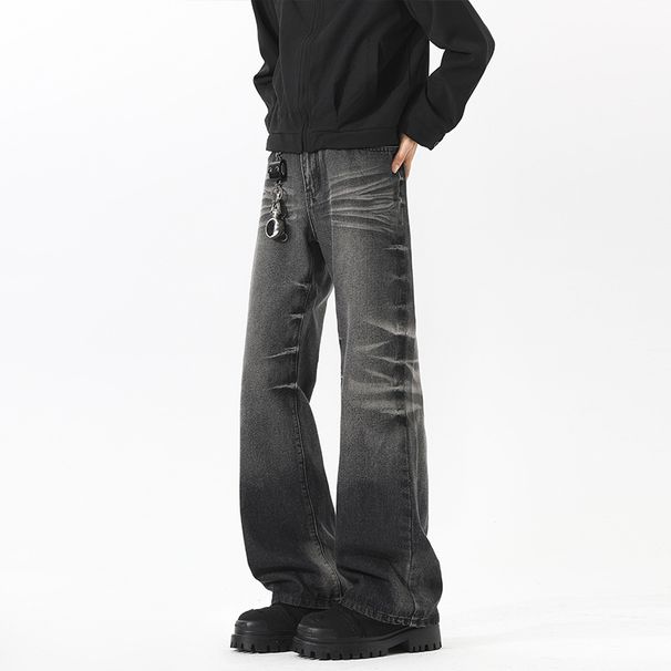 American High Street Vibe Retro Washed Distressed Jeans Men's Trendy Straight Leg Slightly Flared Slim Fit Cleanfit Long_mkmklike.com
