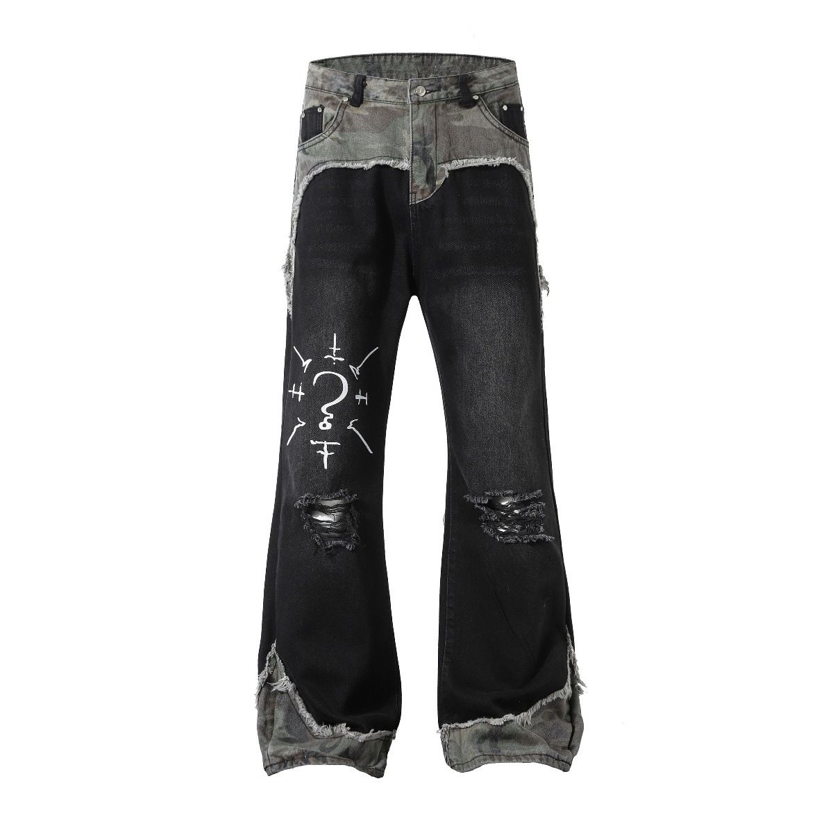 Men's Camouflage Patchwork Ripped Jeans Loose Straight Leg Slightly Flared Floor Length Trousers Autumn Street Style_mkmklike.com