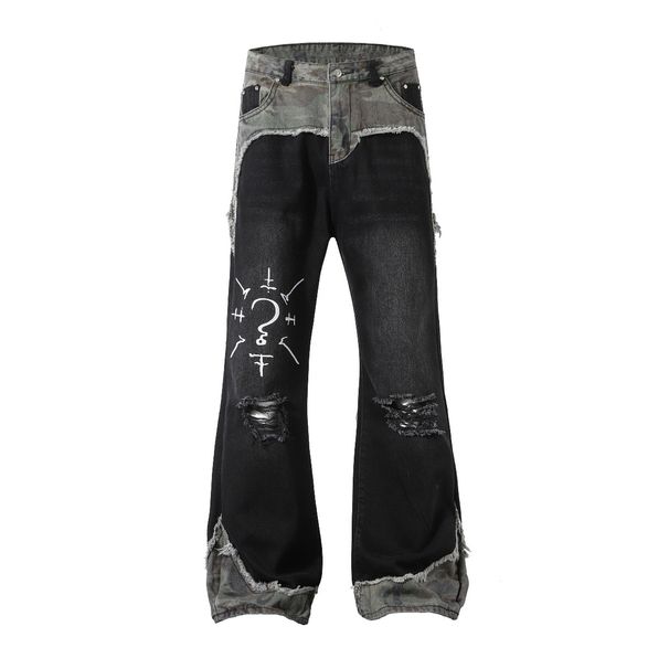 Men's Camouflage Patchwork Ripped Jeans Loose Straight Leg Slightly Flared Floor Length Trousers Autumn Street Style_mkmklike.com