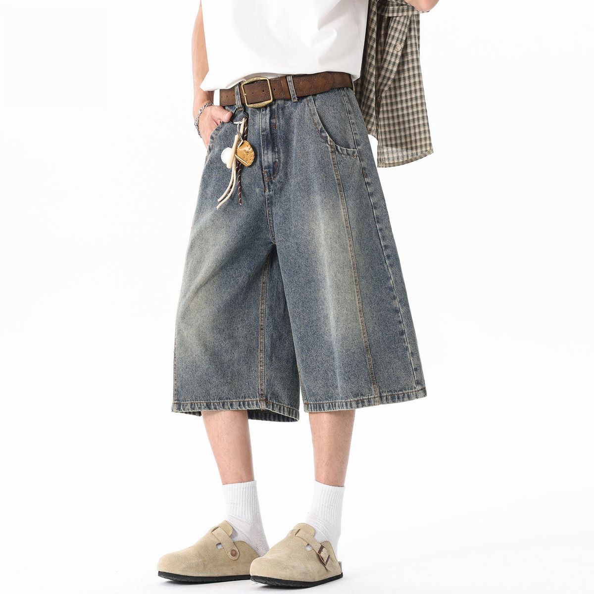 Men's Distressed Washed Denim Shorts Summer Loose Fit Wide Leg High Street Deconstructed Cargo Pants_mkmklike.com