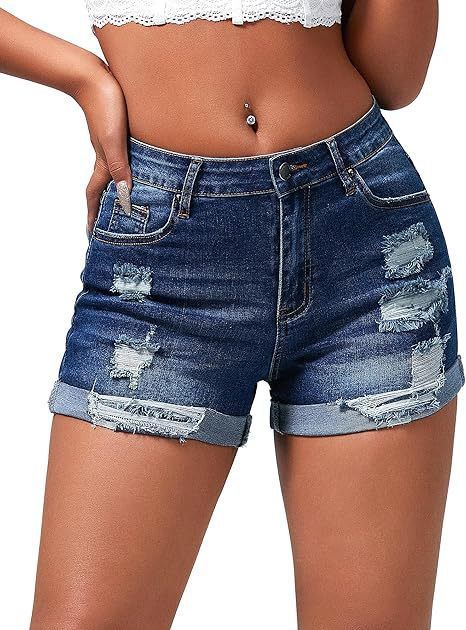 Distressed High-Stretch Denim Shorts – Mid-Rise Ripped & Rolled Hem Women’s Summer Shorts (Dark Blue, S-XXL)_mkmklike.com