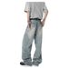 High Street Washed Pleated Curved Jeans For Men In Spring, Winter, Autumn, American Style Loose Design, Straight Wide_mkmklike.com