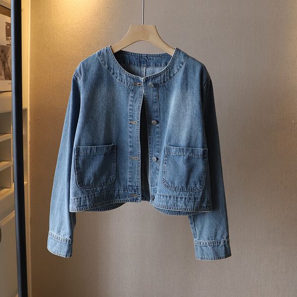 Casual Loose Fit Denim Jacket For Women With Big Pockets, Korean Style Autumn Fashion, Light Blue & Dark Blue_mkmklike.com