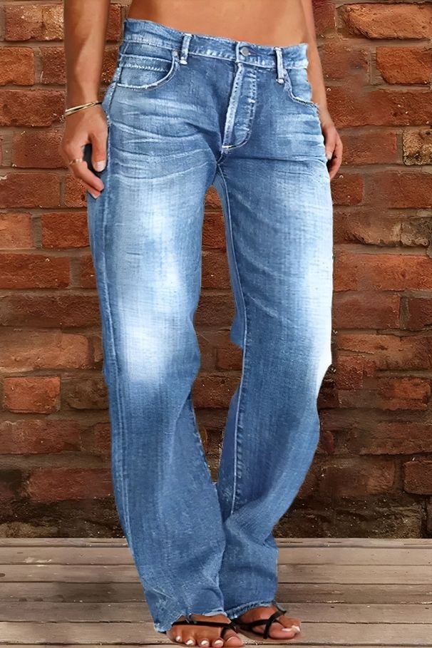 Women's Clothing Denim Trousers Mid Waist Ripped Casual Straight Leg Trousers_mkmklike.com