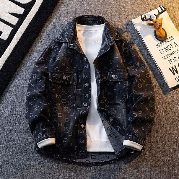 Distressed Denim Jacket With All-Over Print – Vintage Washed Workwear Coat, Unisex Streetwear Essential_mkmklike.com