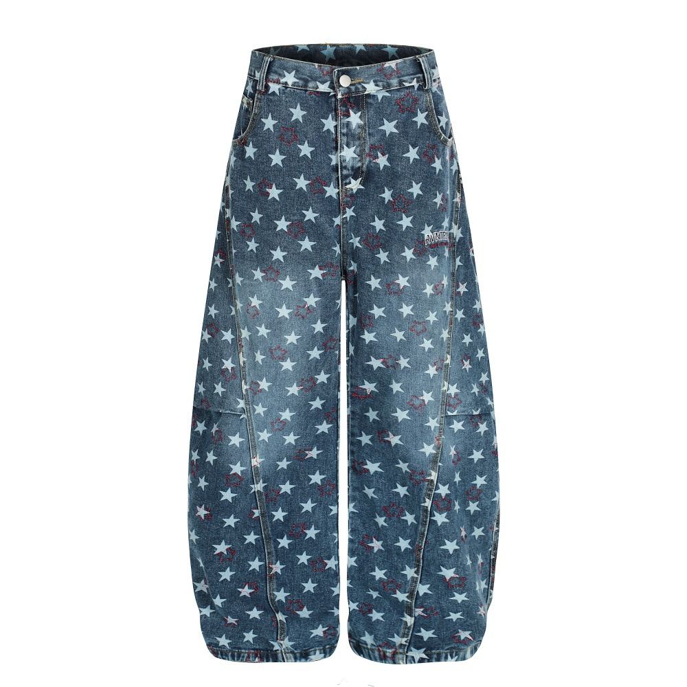 Full Print Star Wide-Leg Denim Men's Unique Niche Design Vibe Trendy Brand High Street Oversized Scimitar Pants_mkmklike.com