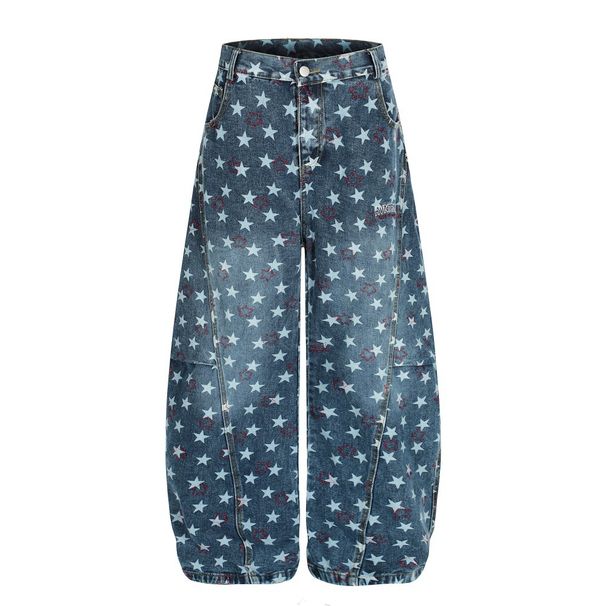 Full Print Star Wide-Leg Denim Men's Unique Niche Design Vibe Trendy Brand High Street Oversized Scimitar Pants_mkmklike.com