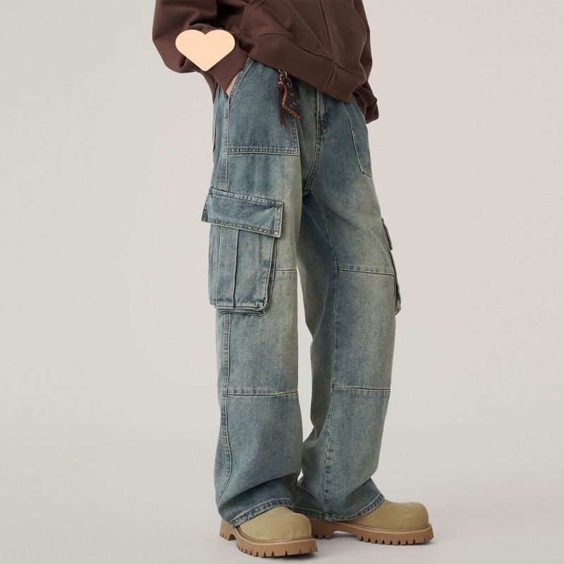 Pants Men's Retro Tooling Jeans Men's Loose Straight High Street American Pocket Design Pants_mkmklike.com