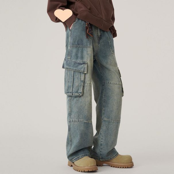 Pants Men's Retro Tooling Jeans Men's Loose Straight High Street American Pocket Design Pants_mkmklike.com