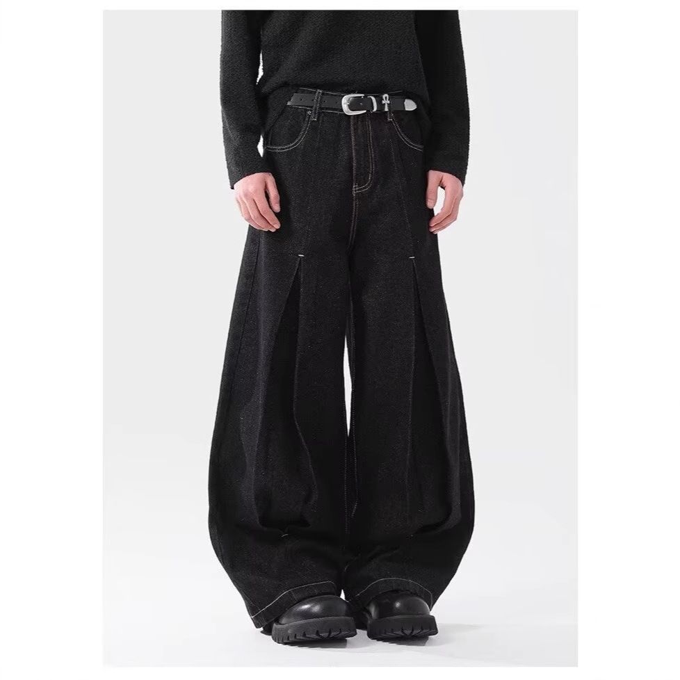 Black Denim Statement Pants – High Street Vintage Wide-Leg Jeans With 3d Pleats & Contrast Stitching_mkmklike.com