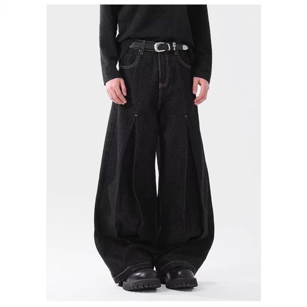 Black Denim Statement Pants – High Street Vintage Wide-Leg Jeans With 3d Pleats & Contrast Stitching_mkmklike.com