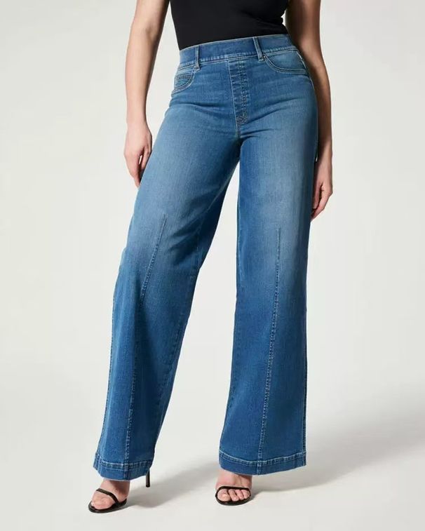 Women's High Waist Stretch Washed Denim Wide Leg Pants - Comfortable Mid Rise Jeans With Elastic Waistband For Casual Wear_mkmklike.com