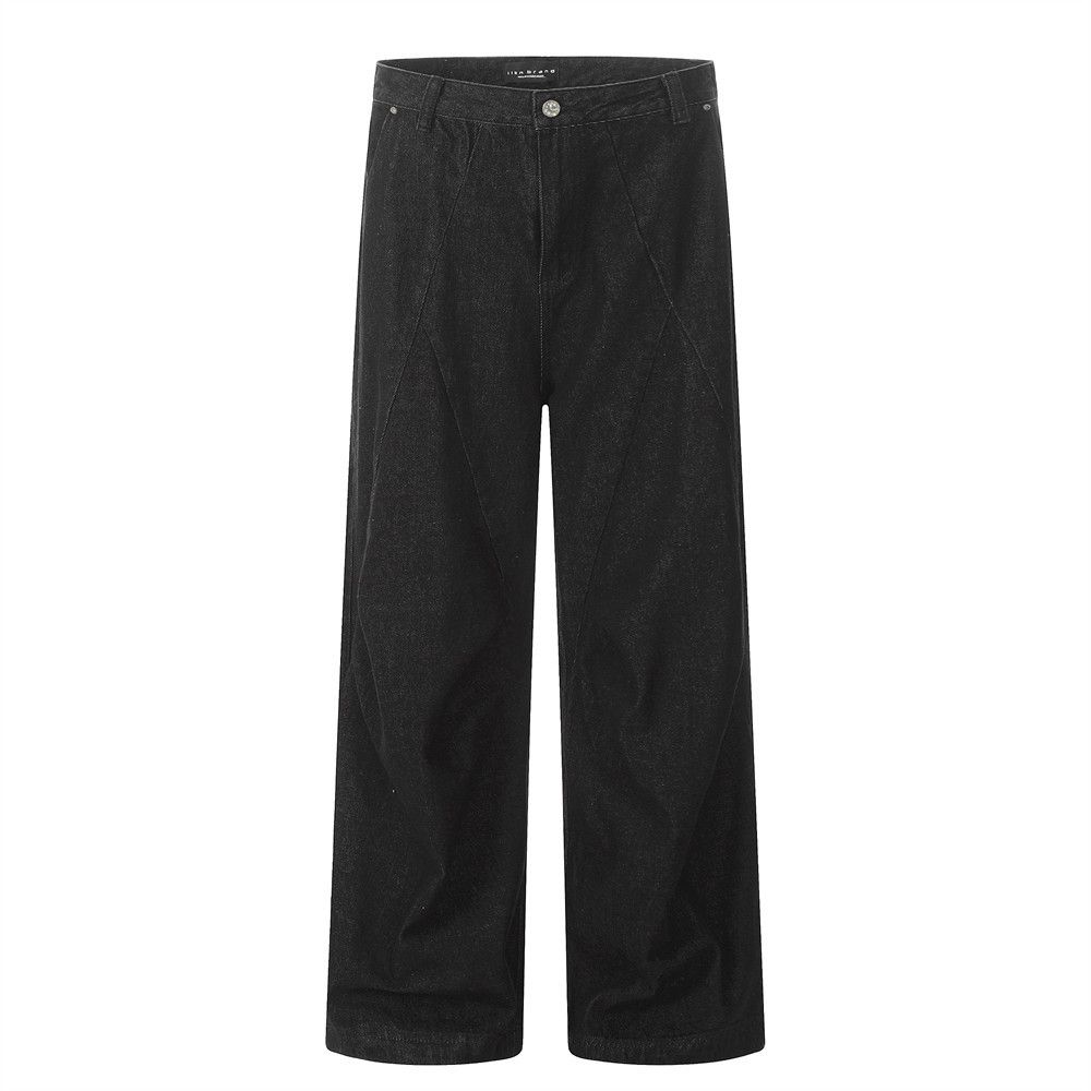 Loose Straight Jeans American High Street Design Deconstructed Split Patchwork Pleated Casual Wide-Leg Pants For Men_mkmklike.com