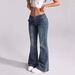 Women's Low Rise Belt Buckle Flared Jeans American Style Retro Washed Blue Sexy Elastic Floor Length Pants_mkmklike.com