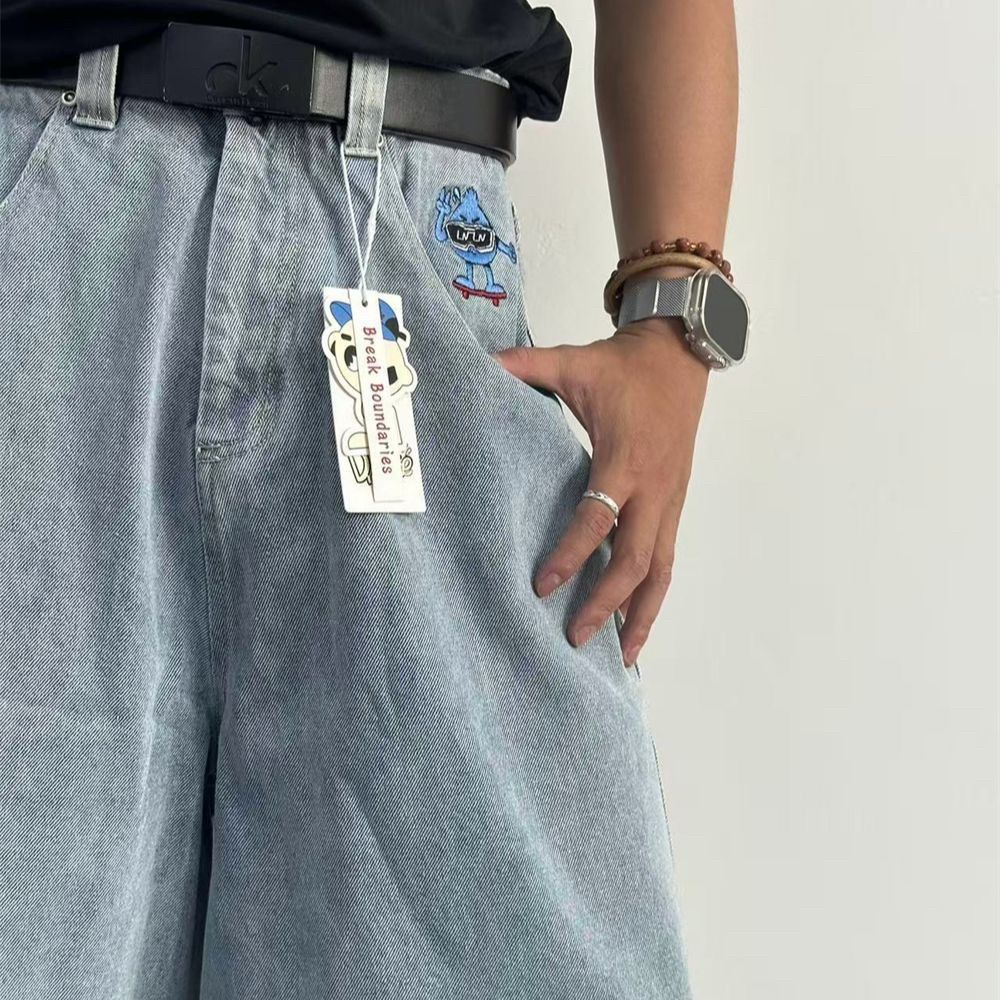 Men's Clothing Cartoon Embroidered Jeans Straight Leg Cropped Pants Loose Casual Skateboard Pants_mkmklike.com