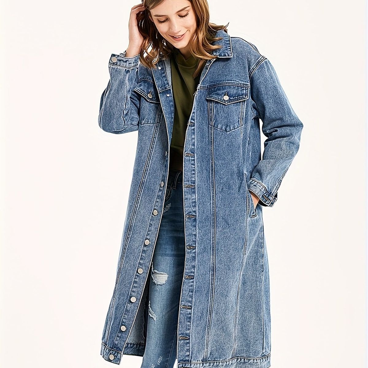 Vintage Denim Coat For Women - Lightweight Long Coat With Princess Sleeves, Soft Stretch Fabric, Medium Blue & White T-Shirt Style_mkmklike.com