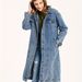 Vintage Denim Coat For Women - Lightweight Long Coat With Princess Sleeves, Soft Stretch Fabric, Medium Blue & White T-Shirt Style_mkmklike.com