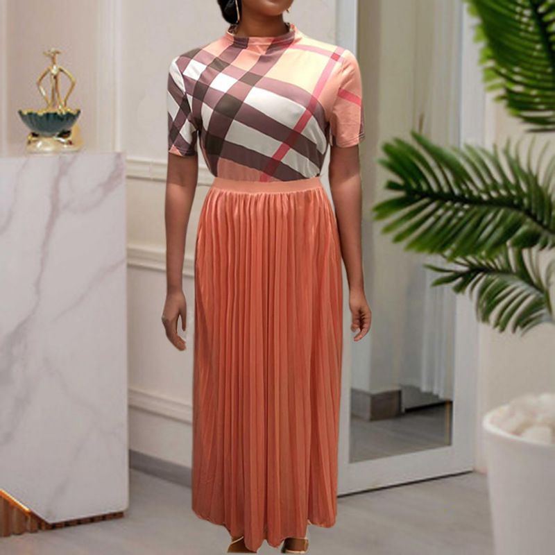 Women's clothing new African plaid print waist side invisible zipper solid color pleated loose temperament dress_mkmklike.com