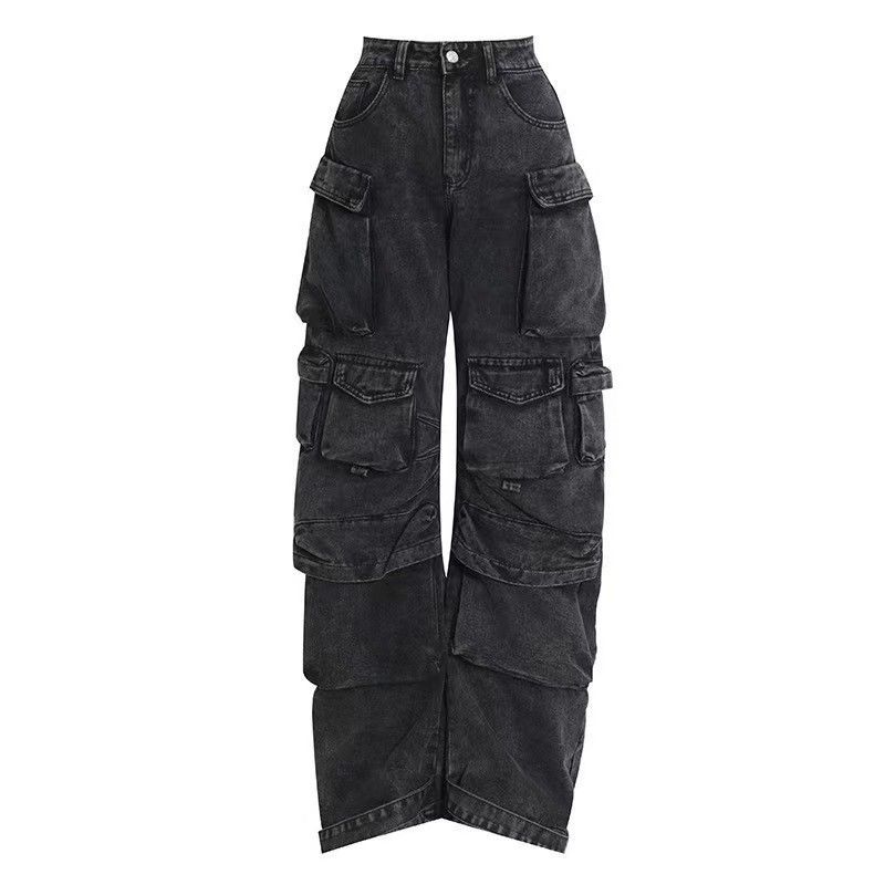Women's Clothing Multi Pocket Overalls High Street Trend Hip Hop Punk Jeans Fashion Dark Trousers_mkmklike.com
