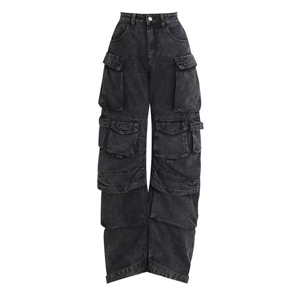 Women's Clothing Multi Pocket Overalls High Street Trend Hip Hop Punk Jeans Fashion Dark Trousers_mkmklike.com