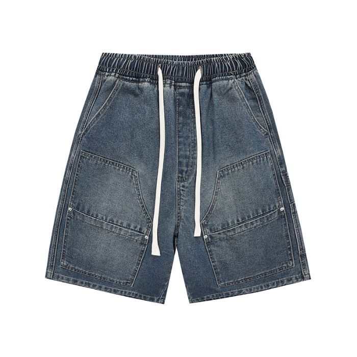 Men's Summer Heavyweight Denim Cargo Shorts Blue with Large Patches in Stock_mkmklike.com