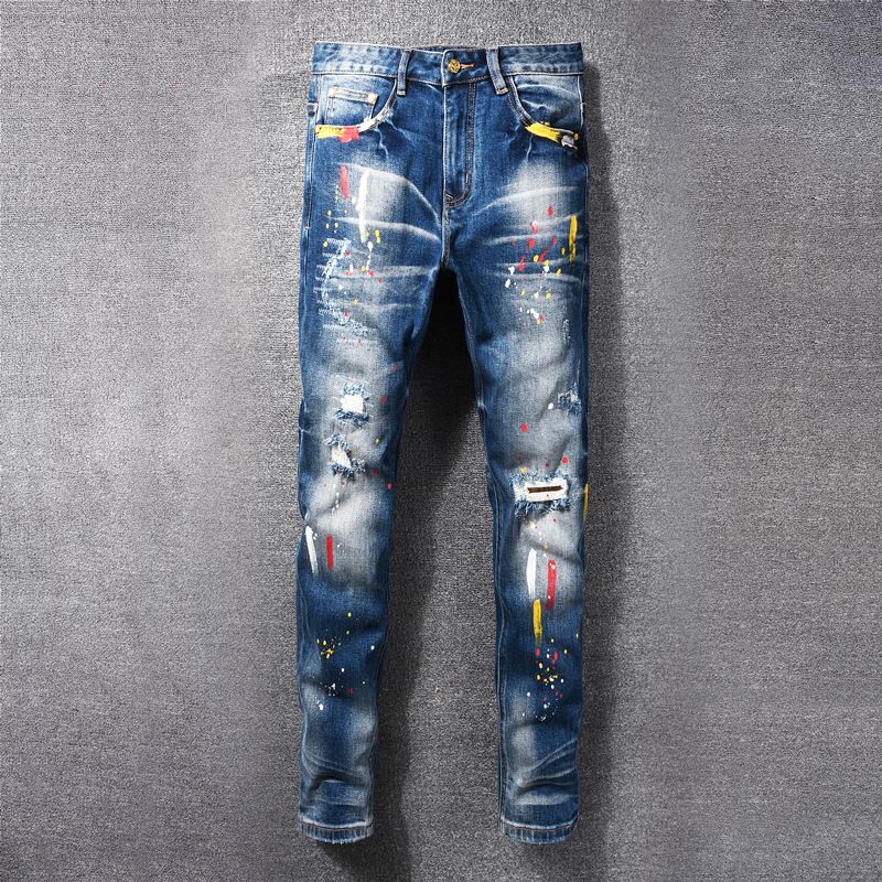 Men's Ripped Skinny Jeans High Street Fashion Distressed Dark Blue Washed Paint Print Slim Fit Jeans Clothing_mkmklike.com