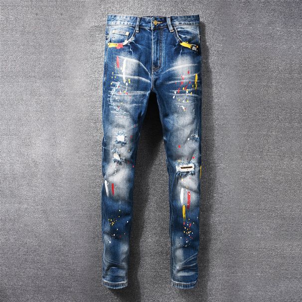 Men's Ripped Skinny Jeans High Street Fashion Distressed Dark Blue Washed Paint Print Slim Fit Jeans Clothing_mkmklike.com