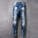 Men's Ripped Skinny Jeans High Street Fashion Distressed Dark Blue Washed Paint Print Slim Fit Jeans Clothing_mkmklike.com