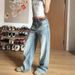 Women's American-style Washed Blue Straight-leg Jeans, New Autumn High-waisted Loose Slimming Distressed Wide-leg Pants_mkmklike.com