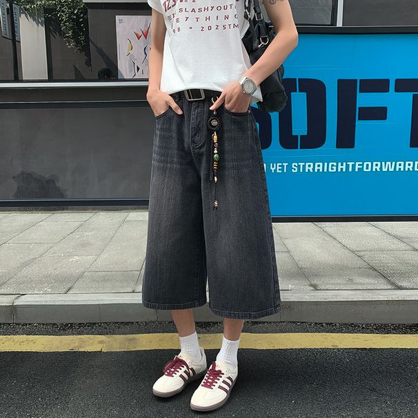 American Retro Washed Cropped Jeans For Men, Summer Casual Versatile Sporty Loose Wide-leg Straight Shorts_mkmklike.com