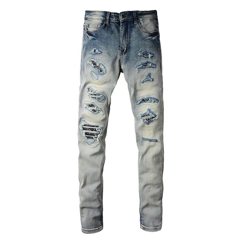 American Jeans Trendy Brand Multi-hole Patch Beggar Pants Pleated And Versatile Slim Fit Small Foot Jeans Men #677_mkmklike.com