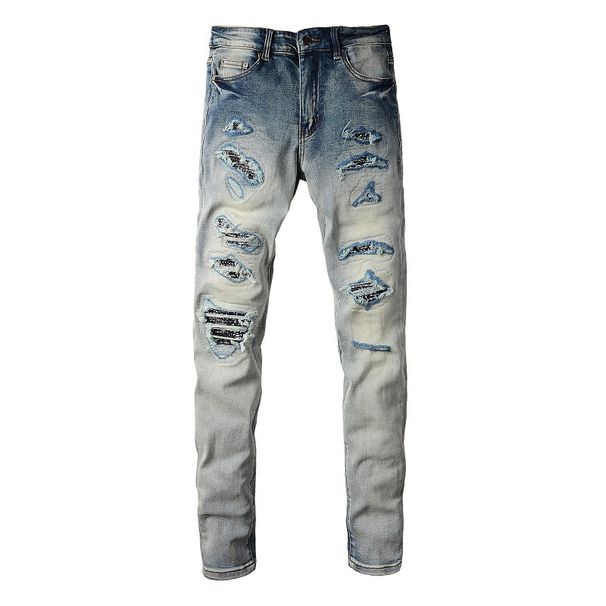 American Jeans Trendy Brand Multi-hole Patch Beggar Pants Pleated And Versatile Slim Fit Small Foot Jeans Men #677_mkmklike.com