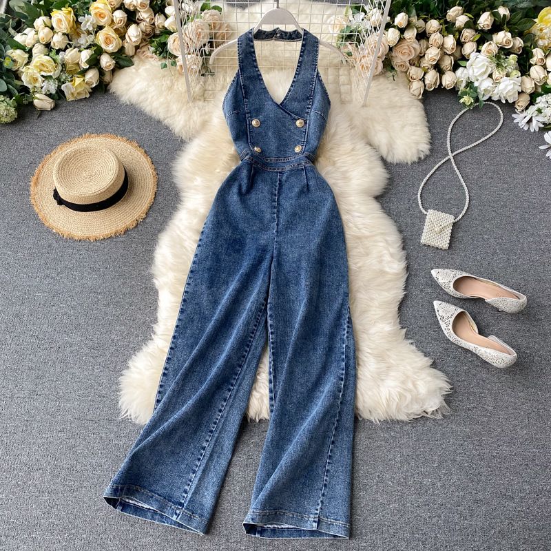 Women's fashion sleeveless halter high waist slim wide leg denim jumpsuit_mkmklike.com