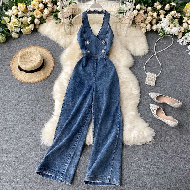 Women's fashion sleeveless halter high waist slim wide leg denim jumpsuit_mkmklike.com