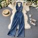 Women's fashion sleeveless halter high waist slim wide leg denim jumpsuit_mkmklike.com