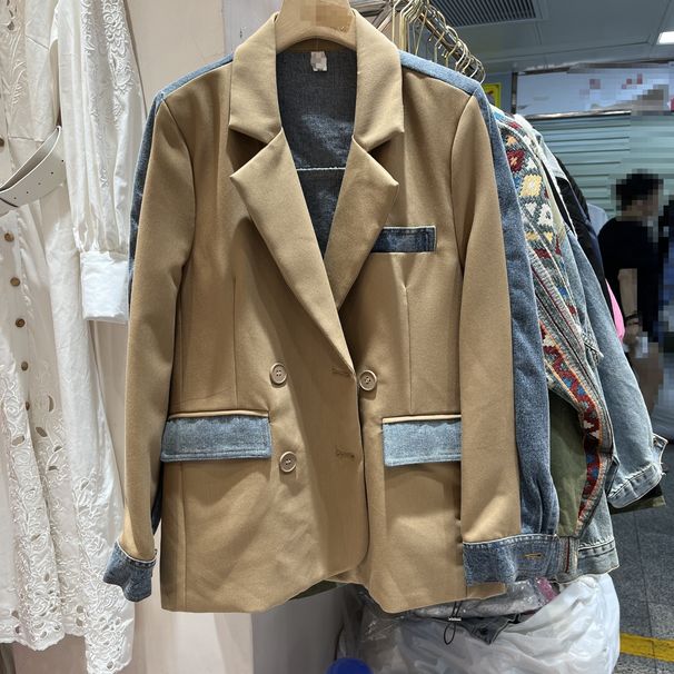 Women's Denim Blend Blazer Jacket - Stylish Casual Oversized Coat With Unique Design, Perfect For Autumn & Streetwear Fashion_mkmklike.com