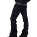 Men's Punk Rock Flared Jeans Asymmetric Leather-Patched Denim Stacked Knee Wrinkles Distressed Hem Street Goth Pants With Metal Zipper Accents_mkmklike.com