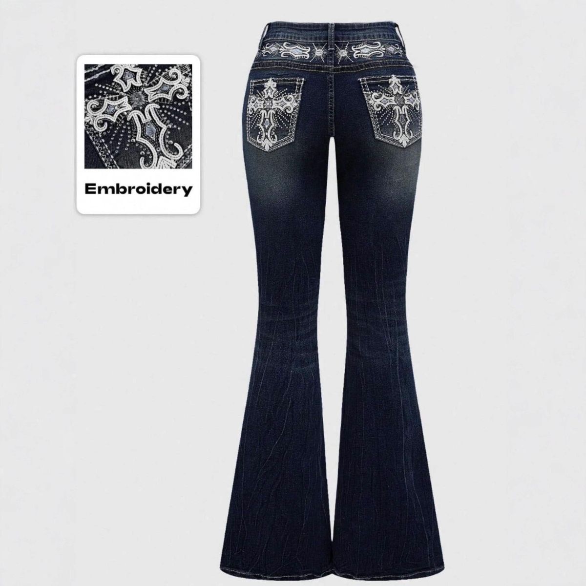Popular European And American Cross-border Foreign Trade Women's Clothing: Dark-washed Pocket Embroidered Rhinestone_mkmklike.com