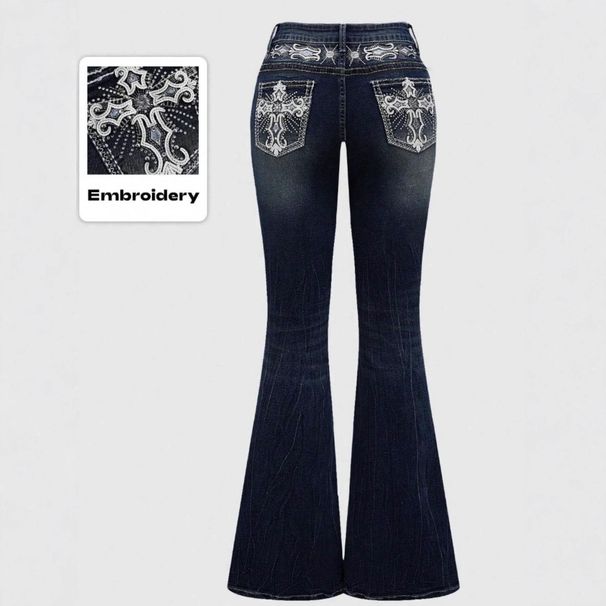 Popular European And American Cross-border Foreign Trade Women's Clothing: Dark-washed Pocket Embroidered Rhinestone_mkmklike.com