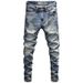 Men's Distressed Blue Jeans Stretch Denim Pants Ripped Details Slim Straight Leg Vintage Style Casual Wear_mkmklike.com