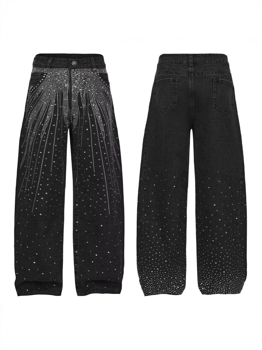 Plus Size Slimming Washed Denim Jeans Rhinestone Embellished Straight Leg Loose Fit Women's Spring/Autumn Solid Color Jeans_mkmklike.com