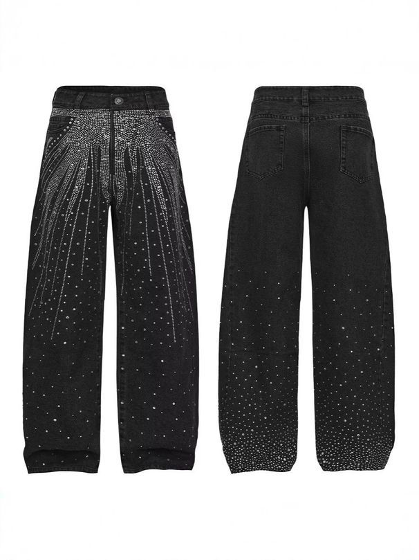 Plus Size Slimming Washed Denim Jeans Rhinestone Embellished Straight Leg Loose Fit Women's Spring/Autumn Solid Color Jeans_mkmklike.com