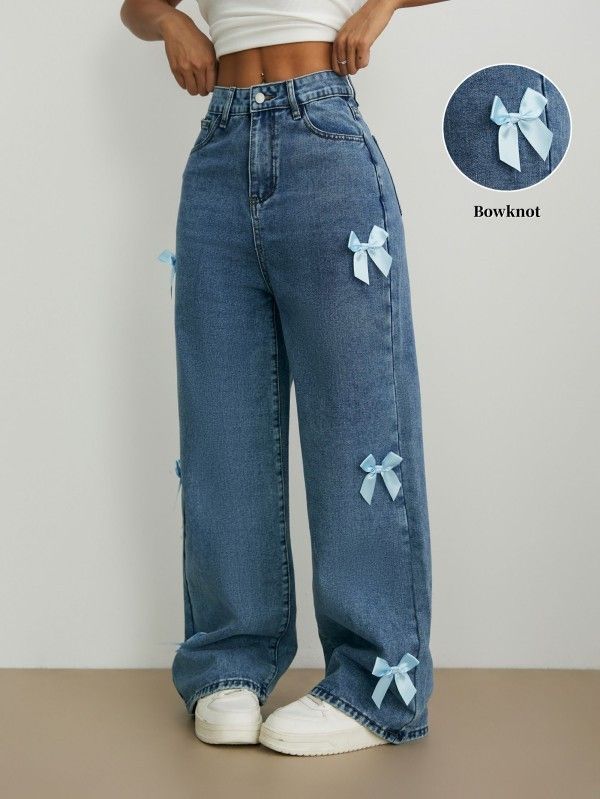 Women's Clothing Y2K Street Style Bow Collage Washed Jeans Loose Straight Wide Leg Trousers For Women Fashion_mkmklike.com