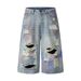 Men's Clothing Street Personality Hand Painted Paint Hole Distressed Wide Leg Jeans Washed Distressed Loose Embroidered Wide Leg Pants_mkmklike.com