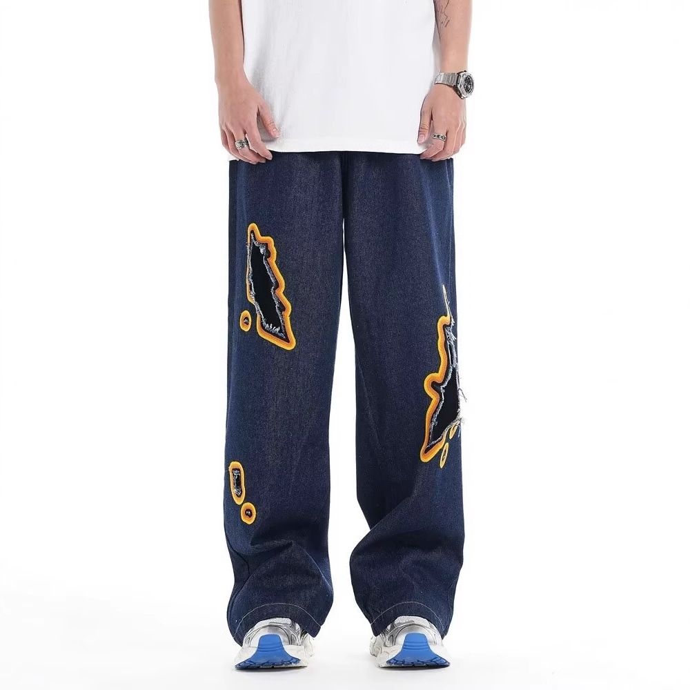 Men's Clothing Retro Washed Ripped Embroidered Flowers Niche Design Loose Straight Leg Mopping Trousers_mkmklike.com