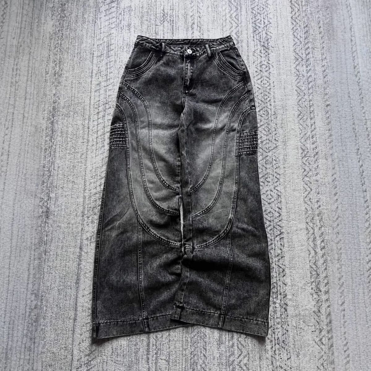 Jeans Men's American High Street Ruffian Handsome Black Gray Niche Cleanfit Washed Splicing Loose Mopping Trousers_mkmklike.com