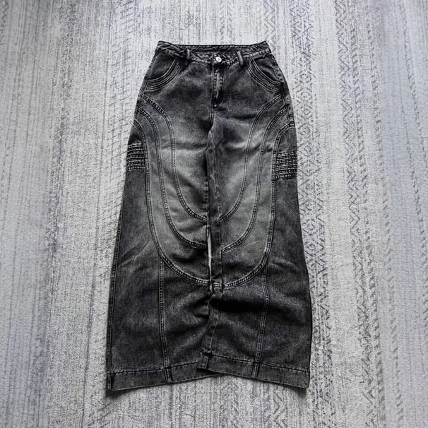 Jeans Men's American High Street Ruffian Handsome Black Gray Niche Cleanfit Washed Splicing Loose Mopping Trousers_mkmklike.com