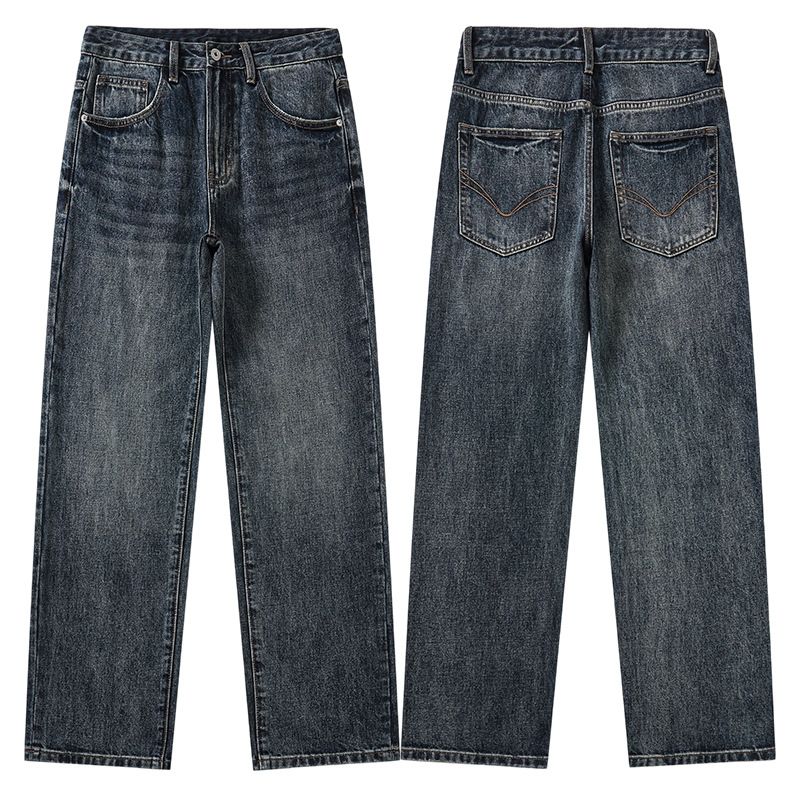 Men's Clothing & Archer0603 & Straight Leg Jeans Men's Trendy Cleanfit American Retro Washed Loose Wide Leg Pants_mkmklike.com
