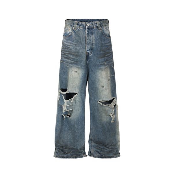 Ausgefranste, Beschädigte Loch-Baggy-Jeans Mit Weitem Bein Für Männer Und Frauen, Streetwear, Lässige Ropa Hombre-Denim-Hose, Übergroße Cargohose_mkmklike.com