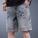 Men's Heavyweight Denim Shorts Summer Washed Distressed Retro Loose Trendy Workwear Mid Length Pants_mkmklike.com